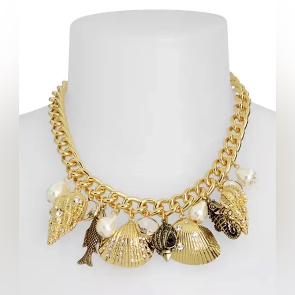 Kurt Geiger Gold Charm Bib Pave Necklace Shell Pearl Fish Statement Luxe Y2K NEW